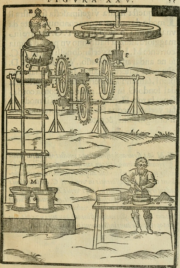 An illustration from Le machine : volume nuouo et di molto artificio da fare effetti marauigliosi tanto spiritali quanto di animale operatione arichito di bellissime figure conle dichiarationi a ciascuna di esse in lingua uolgare et latina, 1629, leaf 60