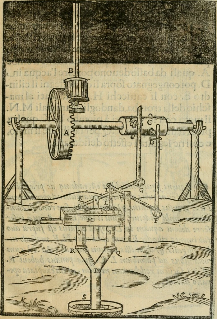An illustration from Le machine : volume nuouo et di molto artificio da fare effetti marauigliosi tanto spiritali quanto di animale operatione arichito di bellissime figure conle dichiarationi a ciascuna di esse in lingua uolgare et latina, 1629, leaf 92