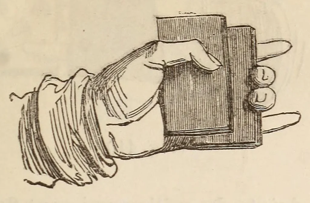 An illustration from Le magicien des salons, ou, Le diable couleur de rose : recueil nouveau de tours d'escamotage, de physique amusante, de chimie récréative, de tours de cartes, magie blanche, etc., etc., 1873, leaf 133