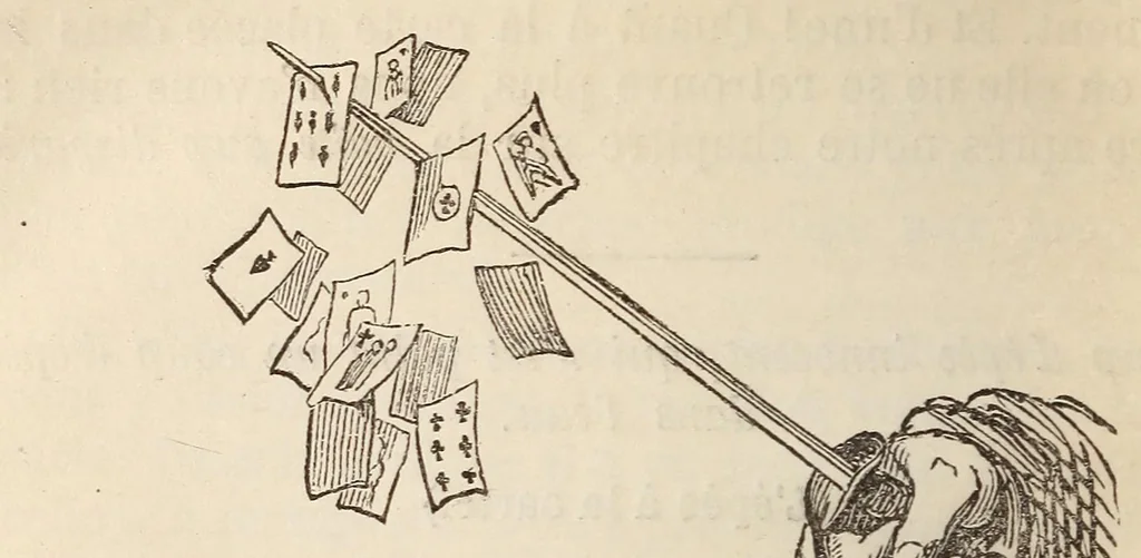 An illustration from Le magicien des salons, ou, Le diable couleur de rose : recueil nouveau de tours d'escamotage, de physique amusante, de chimie récréative, de tours de cartes, magie blanche, etc., etc., 1873, leaf 332