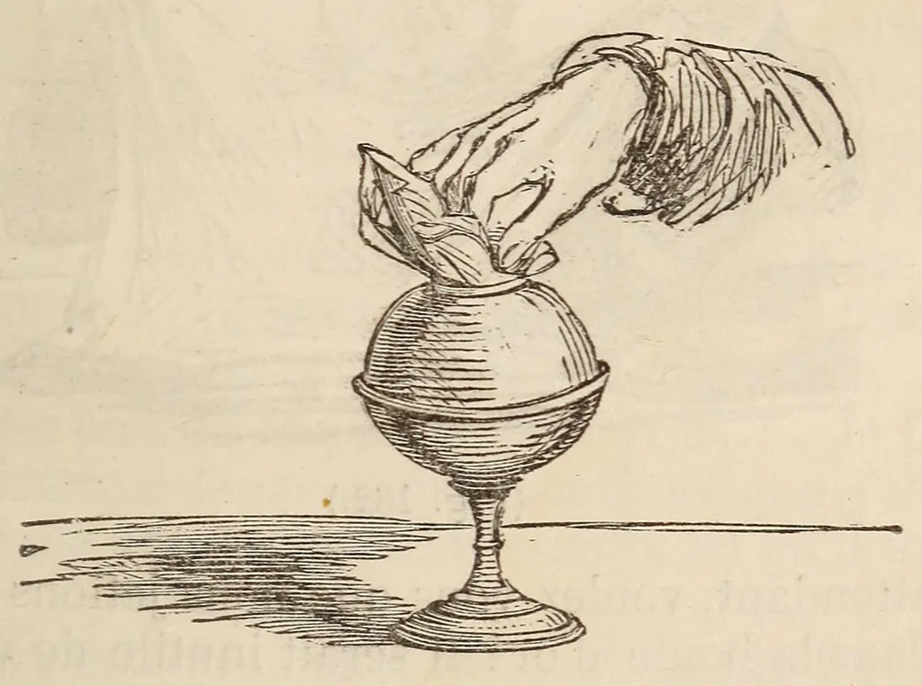 An illustration from Le magicien des salons, ou, Le diable couleur de rose : recueil nouveau de tours d'escamotage, de physique amusante, de chimie récréative, de tours de cartes, magie blanche, etc., etc., 1873, leaf 345