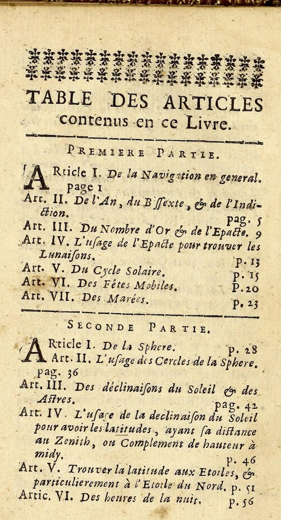 An illustration from Le manuel des pilotes, ou Introduction a la navigation. : Contenant les principes de cet art; l'usage des cartes, tant reduites, que plates; du quartier de reduction; la methode de trouver la variation de l'aymant, avec la correction des routes. Les analogies, pour la pratique de la navigation, par les Sinus, pour la levée & couchée du soleil, & pour les amplitudes, &c., 1678, leaf 22