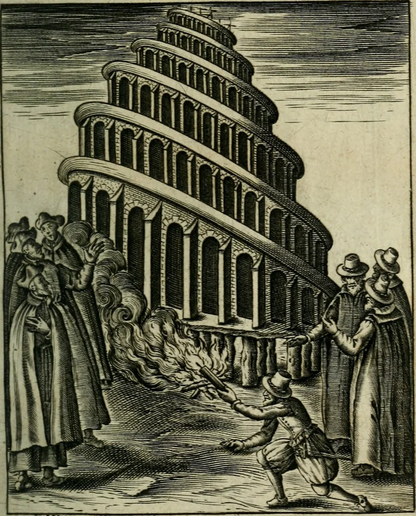 An illustration from Le mystere d'iniqvité, c'est à dire l'histoire de la papavté. Par qvels progrez elle est montée à ce comble, & quelles oppositions les gens de bien lui ont faict de temps en temps. Ou sont aussi defendus les droicts des empereurs, rois & princes chrestiens, contre les assertions des cardinaux Bellarmin & Baronius, 1612, leaf 4
