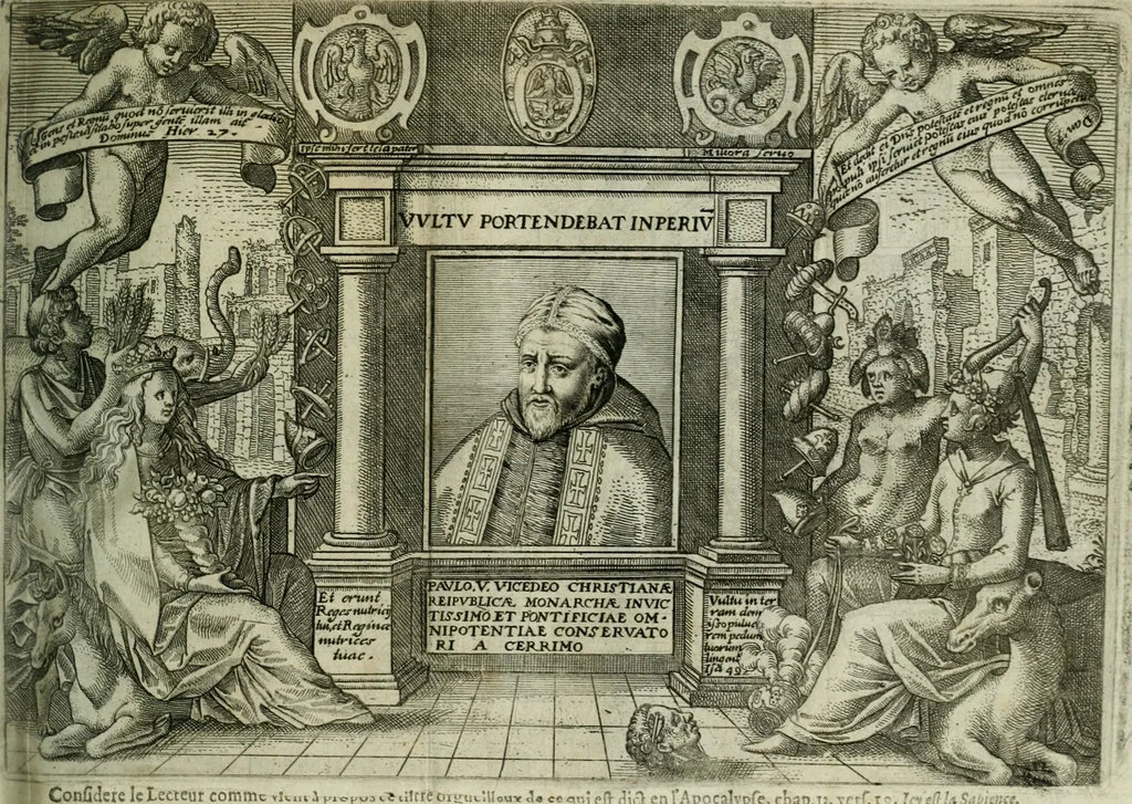 An illustration from Le mystere d'iniqvité, c'est à dire l'histoire de la papavté. Par qvels progrez elle est montée à ce comble, & quelles oppositions les gens de bien lui ont faict de temps en temps. Ou sont aussi defendus les droicts des empereurs, rois & princes chrestiens, contre les assertions des cardinaux Bellarmin & Baronius, 1612, leaf 6