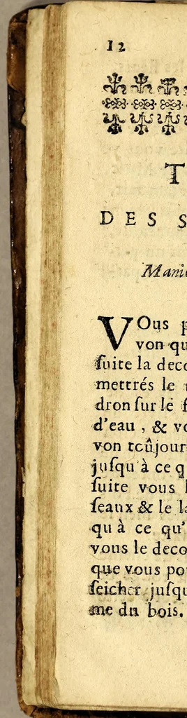An illustration from Le parfumeur françois qui enseigne toutes les manieres de tirer les odeurs des fleurs, & à faire toutes sortes de composition de parfums. : Avec le secret de purger le tabac en poudre; & le parfumer de toutes sortes d'odeurs. Pour le divertissement de la noblesse, l'ut lité des personnes religieuses & necessaire aux baigneurs & perruquiers, 1698, leaf 64