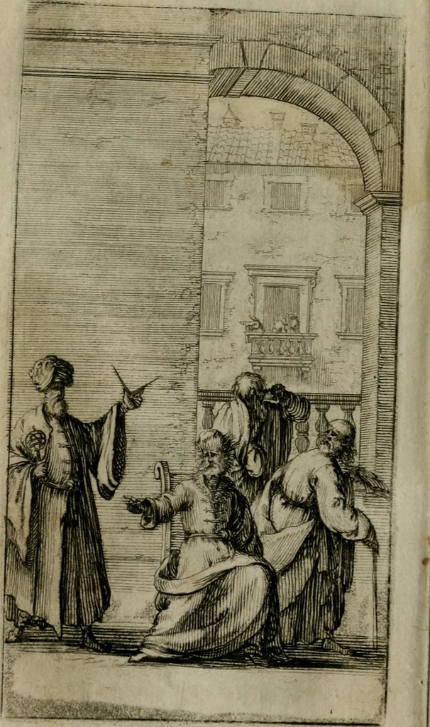 An illustration from Le pazzie de' savi, overo, Il Lambertaccio : poema tragicoeroicomico, 1641, leaf 203