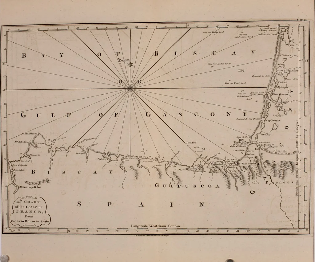 An illustration from Le Petit Neptune français; or, French coasting pilot, for the coast of Flanders, Channel, Bay of Biscay, and Mediterranean. To which is added the coast of Italy from the river Var to Orbitello; with the Gulf of Naples, and the island of Corsica, 1793, leaf 157