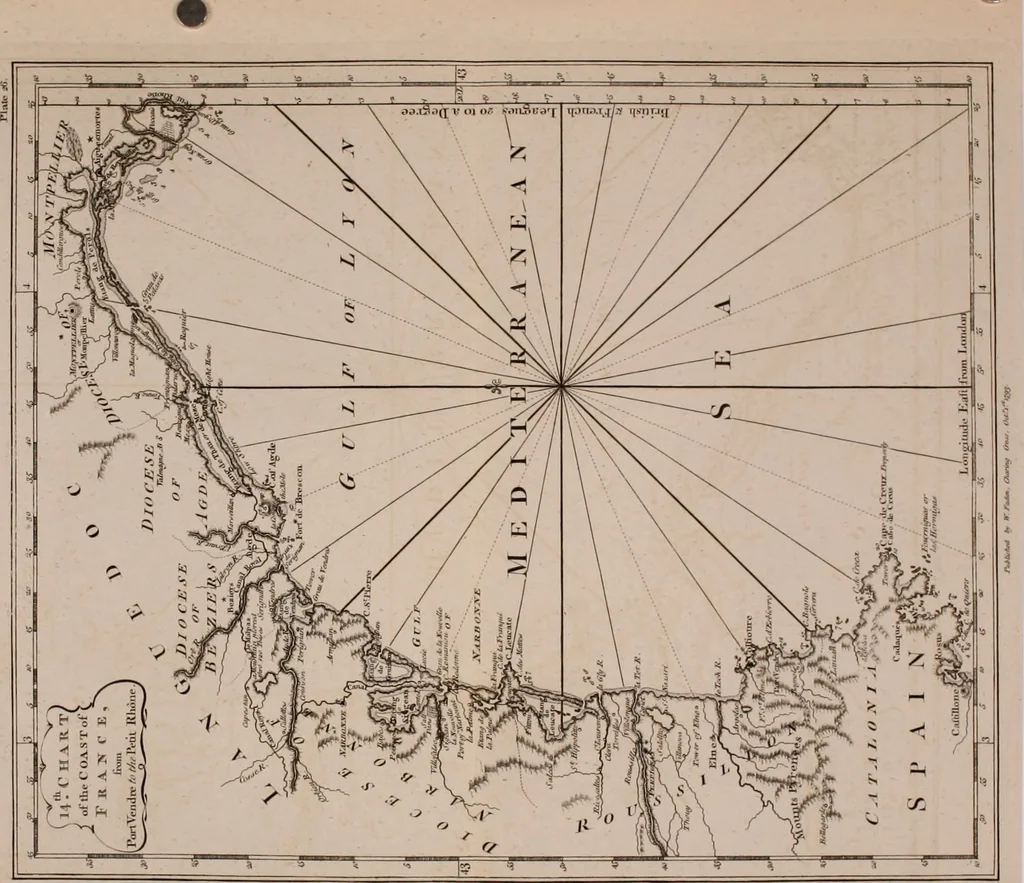 An illustration from Le Petit Neptune français; or, French coasting pilot, for the coast of Flanders, Channel, Bay of Biscay, and Mediterranean. To which is added the coast of Italy from the river Var to Orbitello; with the Gulf of Naples, and the island of Corsica, 1793, leaf 179