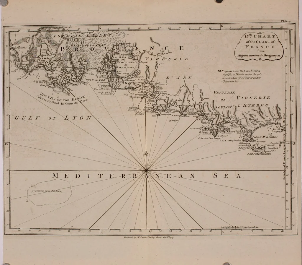 An illustration from Le Petit Neptune français; or, French coasting pilot, for the coast of Flanders, Channel, Bay of Biscay, and Mediterranean. To which is added the coast of Italy from the river Var to Orbitello; with the Gulf of Naples, and the island of Corsica, 1793, leaf 181
