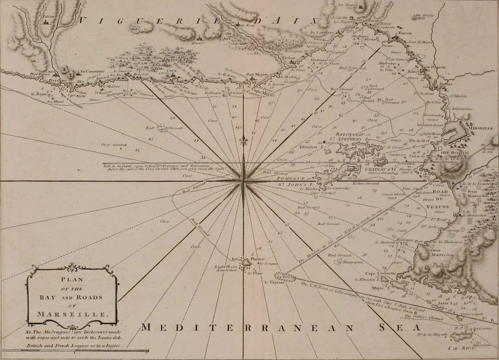 An illustration from Le Petit Neptune français; or, French coasting pilot, for the coast of Flanders, Channel, Bay of Biscay, and Mediterranean. To which is added the coast of Italy from the river Var to Orbitello; with the Gulf of Naples, and the island of Corsica, 1793, leaf 185