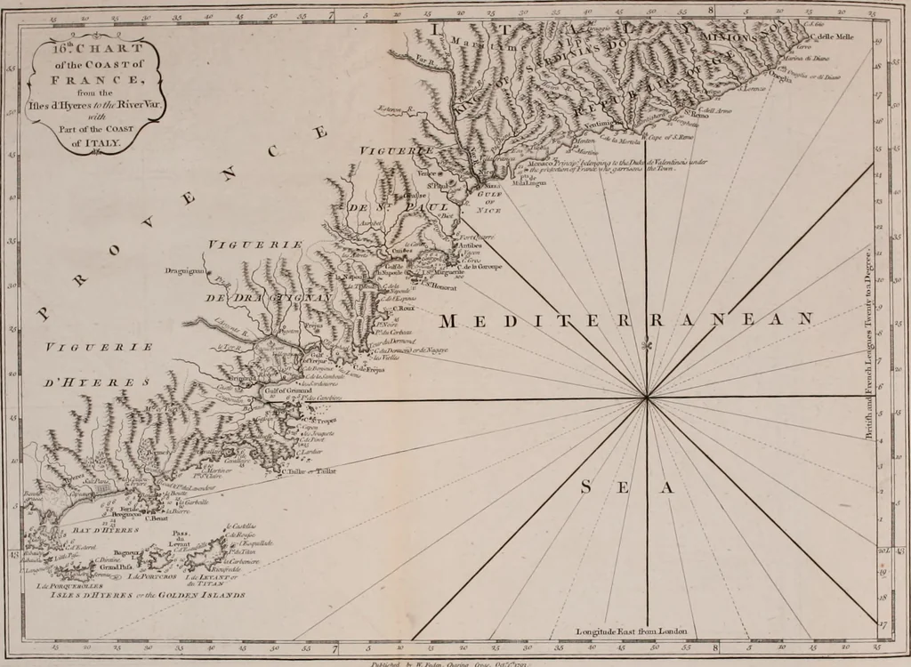 An illustration from Le Petit Neptune français; or, French coasting pilot, for the coast of Flanders, Channel, Bay of Biscay, and Mediterranean. To which is added the coast of Italy from the river Var to Orbitello; with the Gulf of Naples, and the island of Corsica, 1793, leaf 193
