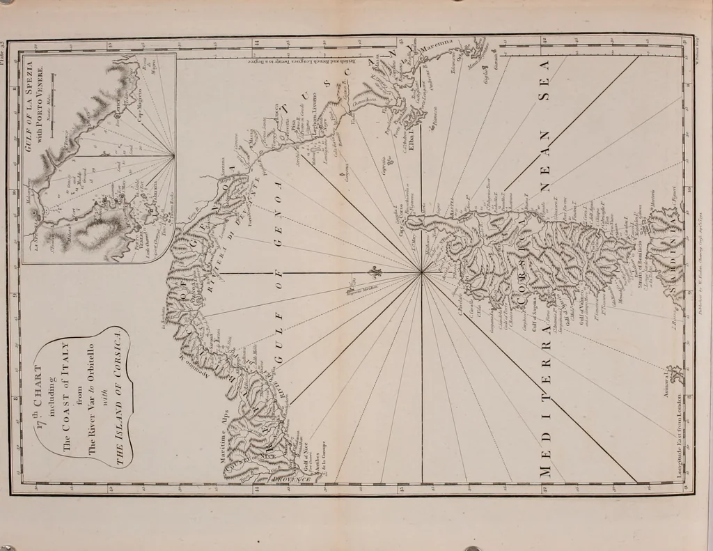 An illustration from Le Petit Neptune français; or, French coasting pilot, for the coast of Flanders, Channel, Bay of Biscay, and Mediterranean. To which is added the coast of Italy from the river Var to Orbitello; with the Gulf of Naples, and the island of Corsica, 1793, leaf 201
