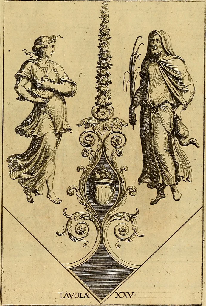 An illustration from Le pitture antiche delle grotte di Roma, e del sepolcro de' Nasonj : disegnate, & intagliate alla similitudine degli antichi originali, 1706, leaf 136