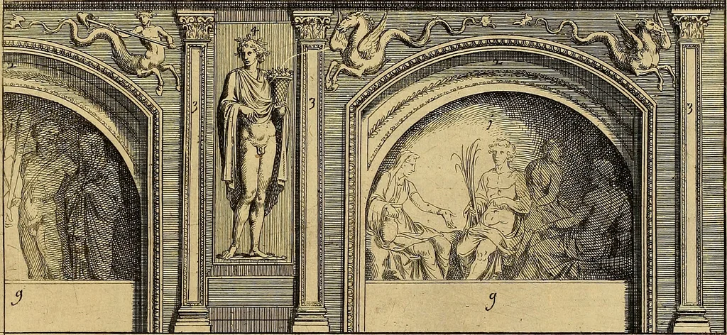 An illustration from Le pitture antiche delle grotte di Roma, e del sepolcro de' Nasonj : disegnate, & intagliate alla similitudine degli antichi originali, 1706, leaf 92