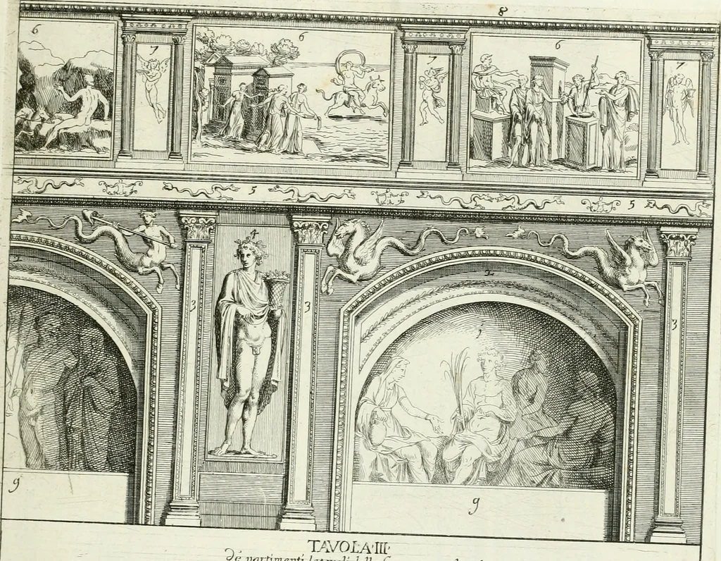 An illustration from Le pitture antiche del sepolcro de Nasonii nella Via Flaminia : disegnate, ed intagliate alla similitudine degli antichi originali, 1680, leaf 28