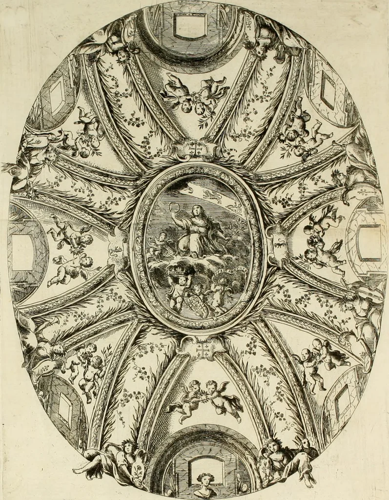 An illustration from Le pompe funebri celebrate da' Signori Accademici Infecondi di Roma per la morte dell'illustrissima Signora Elena Lucrezia Cornara Piscopia accademica, detta l'Inalterabile, 1686, leaf 31