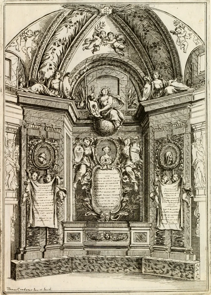 An illustration from Le pompe funebri celebrate da' Signori Accademici Infecondi di Roma per la morte dell'illustrissima Signora Elena Lucrezia Cornara Piscopia accademica, detta l'Inalterabile, 1686, leaf 32