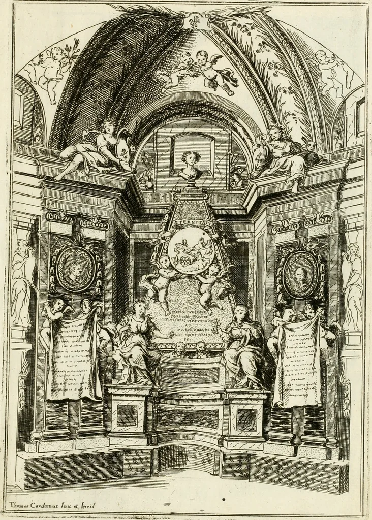 An illustration from Le pompe funebri celebrate da' Signori Accademici Infecondi di Roma per la morte dell'illustrissima Signora Elena Lucrezia Cornara Piscopia accademica, detta l'Inalterabile, 1686, leaf 34