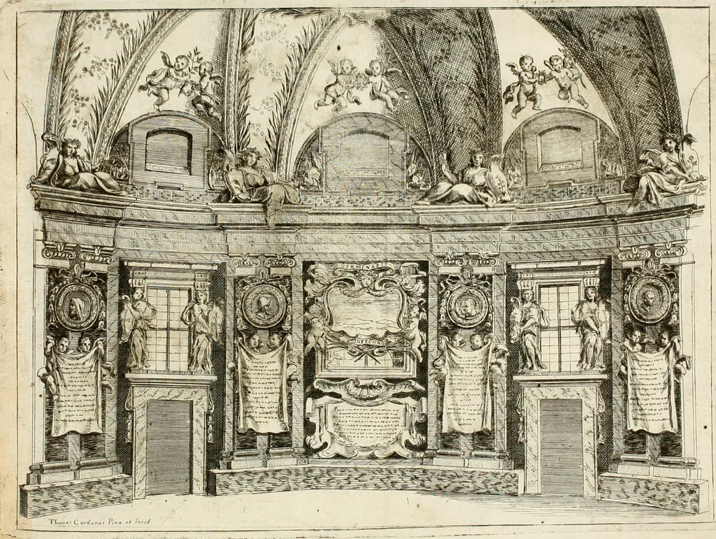 An illustration from Le pompe funebri celebrate da' Signori Accademici Infecondi di Roma per la morte dell'illustrissima Signora Elena Lucrezia Cornara Piscopia accademica, detta l'Inalterabile, 1686, leaf 38
