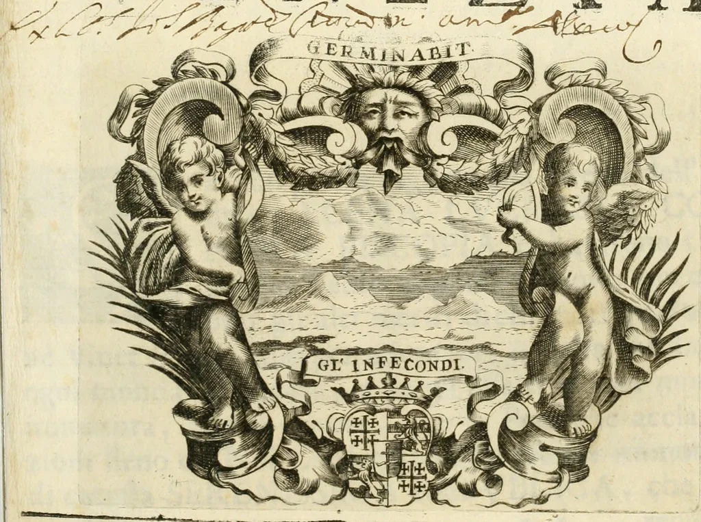 An illustration from Le pompe funebri celebrate da' Signori Accademici Infecondi di Roma per la morte dell'illustrissima Signora Elena Lucrezia Cornara Piscopia accademica, detta l'Inalterabile, 1686, leaf 4