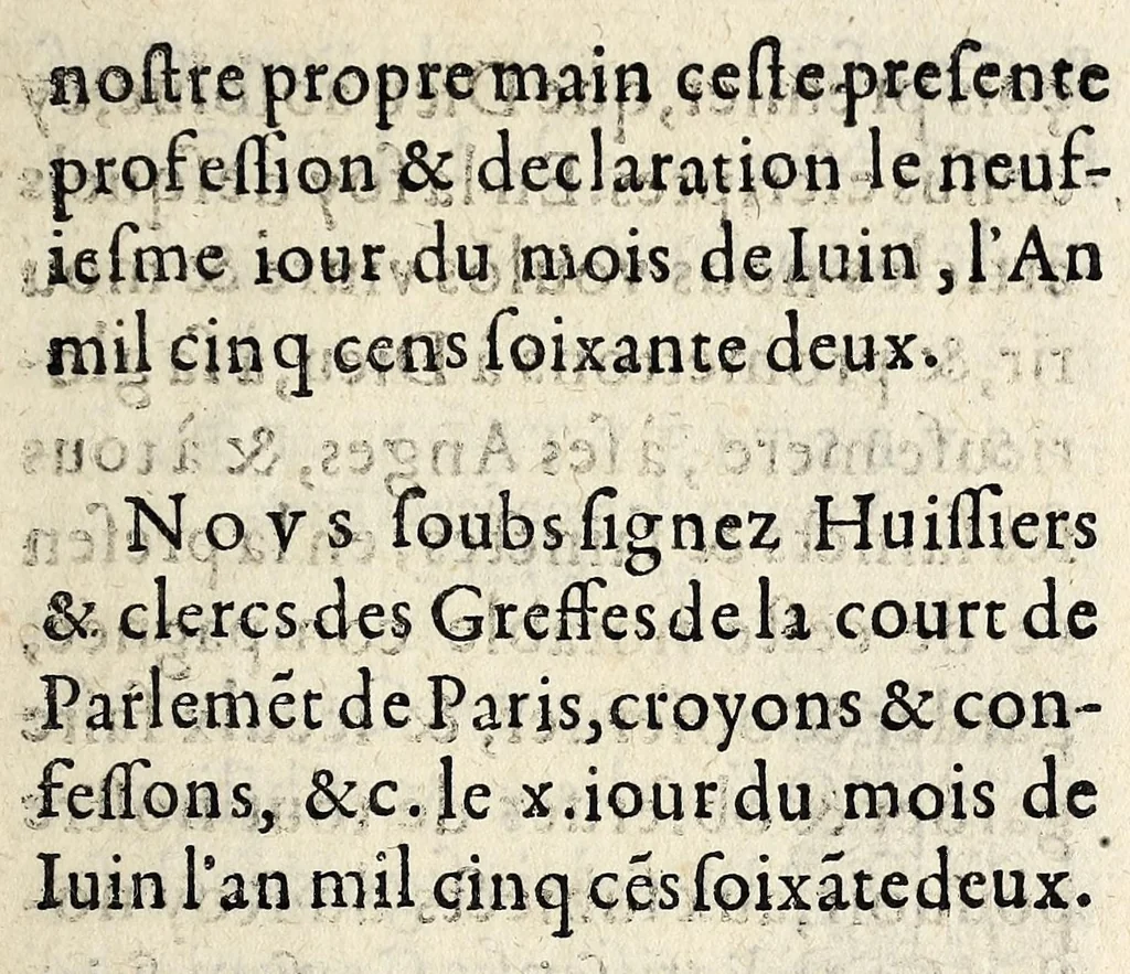 An illustration from Le proces verbal faict par ordonnance de la court de Parlemẽt, de l'execution de l'arrest donné le sixiesme iour de iuin dernier passé, touchant les articles & la profession de foy d'icelle court., 1562, leaf 67