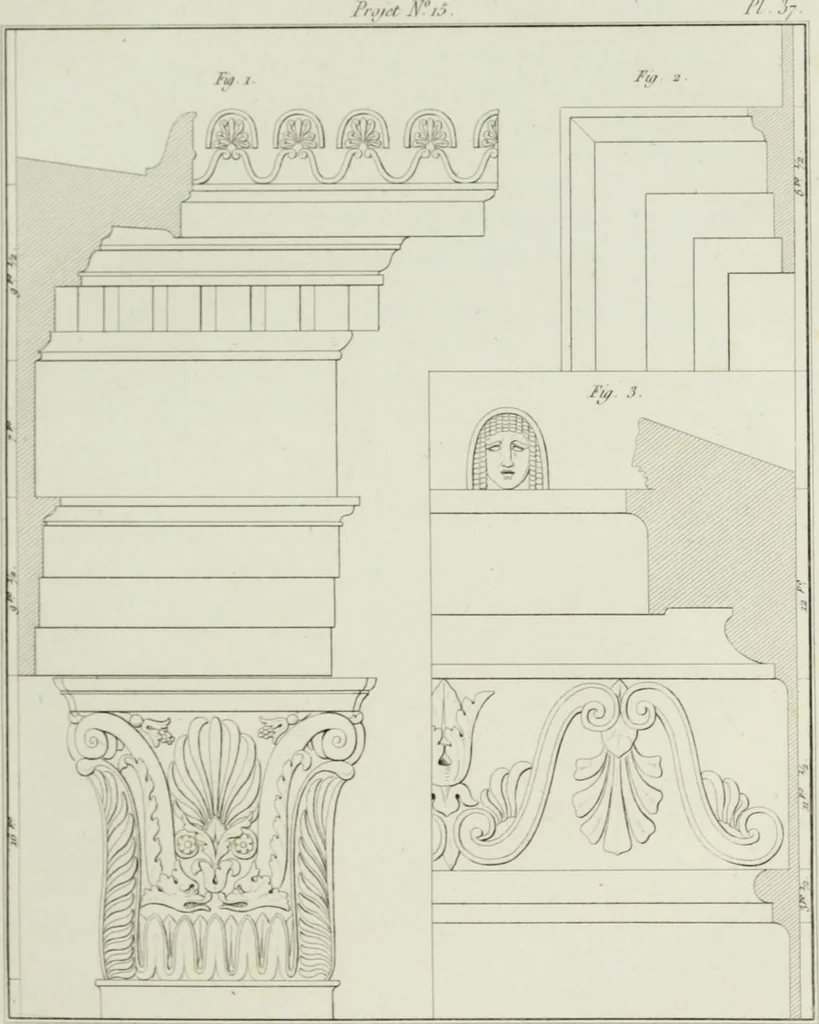 An illustration from Le propriétaire architecte : contenant des modèles de maisons de ville et de campagne, de fermes, orangeries, portes, puits, fontaines, etc. : ainsi qu'un traité d'architecture et de construction renferment le résumé desnouvelles découvertes relatives aux constructions : ouvrage utile aux architects, aux ingénieurs, aux entrepreneurs et principalement aux personnes qui veulent diriger elles-mêmes leurs ouvriers, 1827, leaf 124