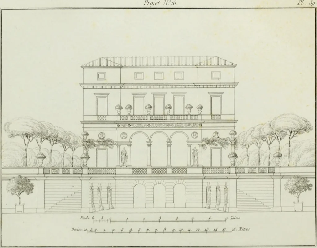 An illustration from Le propriétaire architecte : contenant des modèles de maisons de ville et de campagne, de fermes, orangeries, portes, puits, fontaines, etc. : ainsi qu'un traité d'architecture et de construction renferment le résumé desnouvelles découvertes relatives aux constructions : ouvrage utile aux architects, aux ingénieurs, aux entrepreneurs et principalement aux personnes qui veulent diriger elles-mêmes leurs ouvriers, 1827, leaf 130