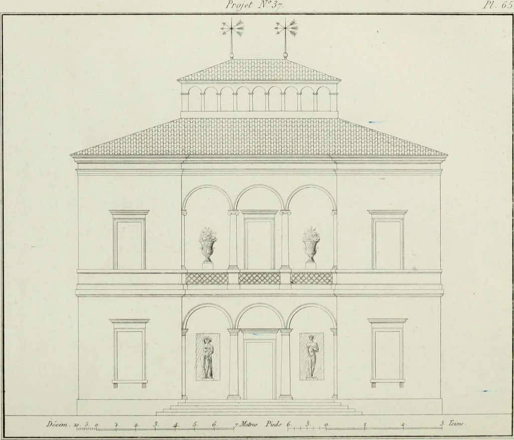 An illustration from Le propriétaire architecte : contenant des modèles de maisons de ville et de campagne, de fermes, orangeries, portes, puits, fontaines, etc. : ainsi qu'un traité d'architecture et de construction renferment le résumé desnouvelles découvertes relatives aux constructions : ouvrage utile aux architects, aux ingénieurs, aux entrepreneurs et principalement aux personnes qui veulent diriger elles-mêmes leurs ouvriers, 1827, leaf 202