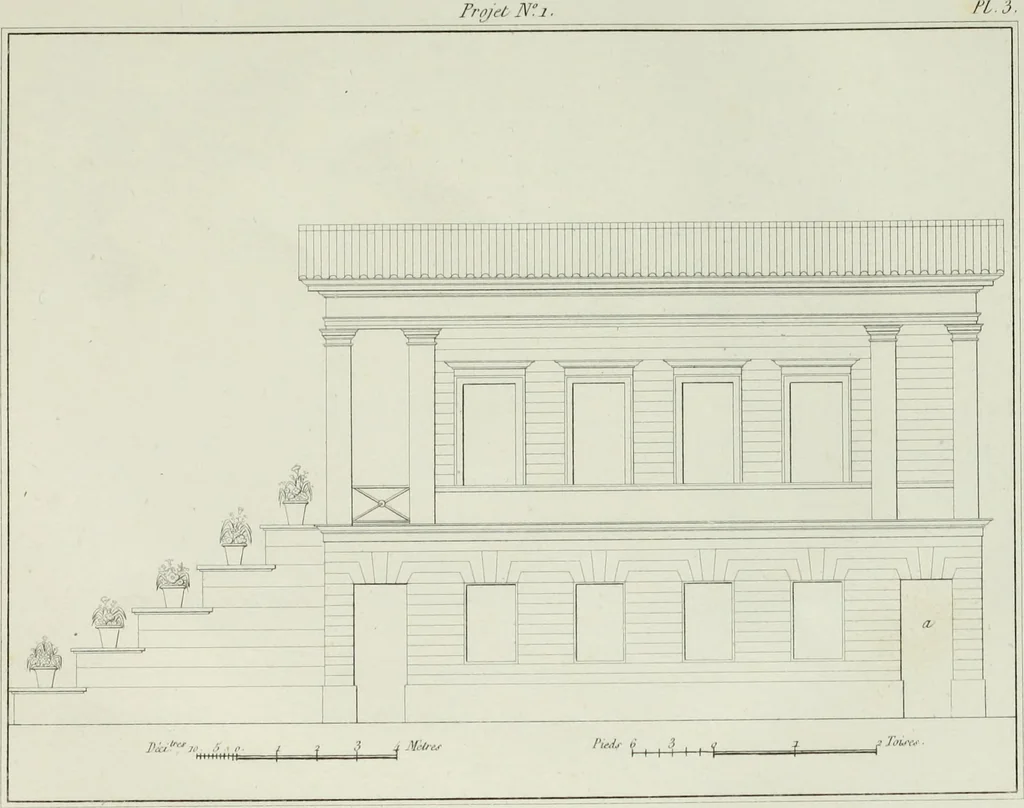 An illustration from Le propriétaire architecte : contenant des modèles de maisons de ville et de campagne, de fermes, orangeries, portes, puits, fontaines, etc. : ainsi qu'un traité d'architecture et de construction renferment le résumé desnouvelles découvertes relatives aux constructions : ouvrage utile aux architects, aux ingénieurs, aux entrepreneurs et principalement aux personnes qui veulent diriger elles-mêmes leurs ouvriers, 1827, leaf 30