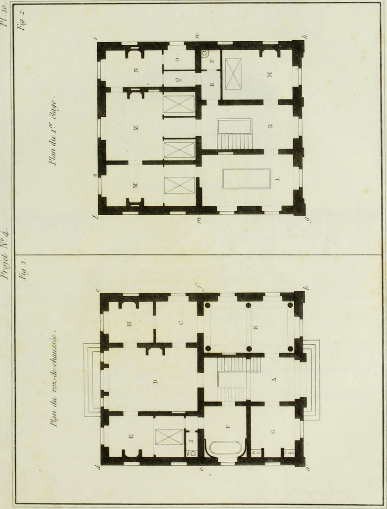 An illustration from Le propriétaire architecte : contenant des modèles de maisons de ville et de campagne, de fermes, orangeries, portes, puits, fontaines, etc. : ainsi qu'un traité d'architecture et de construction renferment le résumé desnouvelles découvertes relatives aux constructions : ouvrage utile aux architects, aux ingénieurs, aux entrepreneurs et principalement aux personnes qui veulent diriger elles-mêmes leurs ouvriers, 1827, leaf 50