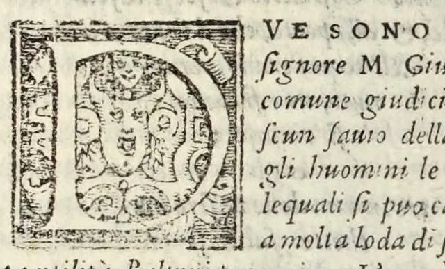 An illustration from Le prose di M. Pietro Bembo : nelle qvali si ragiona della volgar lingua : scritte al Cardinal de' Medici, che poi fu creato a Sommo Pontefice, & detto papa Clemente VII : divise in tre libri, e di nvovo aggionte le postille nel margine, e reuiste con somma diligenza da M. Lodouico Dolce, 1561, leaf 106