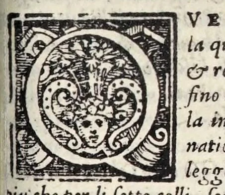 An illustration from Le prose di M. Pietro Bembo : nelle qvali si ragiona della volgar lingua : scritte al Cardinal de' Medici, che poi fu creato a Sommo Pontefice, & detto papa Clemente VII : divise in tre libri, e di nvovo aggionte le postille nel margine, e reuiste con somma diligenza da M. Lodouico Dolce, 1561, leaf 167