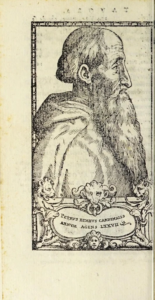An illustration from Le prose di M. Pietro Bembo : nelle qvali si ragiona della volgar lingua : scritte al Cardinal de' Medici, che poi fu creato a Sommo Pontefice, & detto papa Clemente VII : divise in tre libri, e di nvovo aggionte le postille nel margine, e reuiste con somma diligenza da M. Lodouico Dolce, 1561, leaf 52
