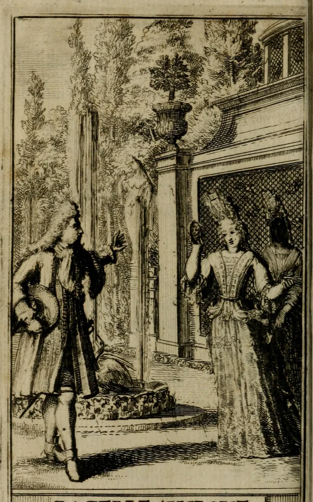 An illustration from Les amours d'une belle Angloise, ou, La vie et les avantures de la jeune Olinde : ecrites par elle mesme en forme de lettres à un chevalier de ses amis, 1695, leaf 3