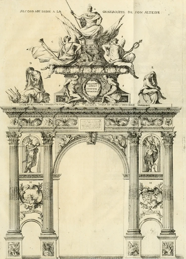 An illustration from Les armes triomphantes de Son Altesse, monseigneur, le duc d'Espernon : pour le suiet de son heureuse entrée faite dans la ville de Dijon, le huictième iour du mois de may, mil six cens cinquante six, 1656, leaf 48