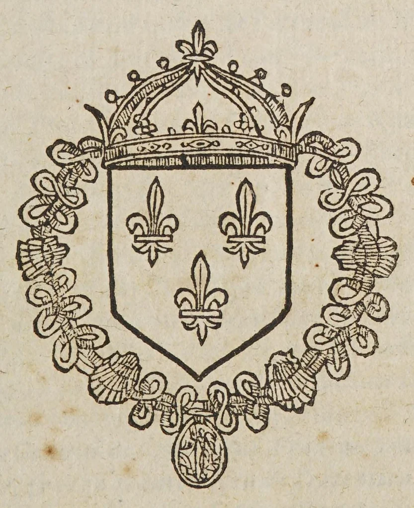 An illustration from Les articles et conditions de la paix et perpetuelle alliance contractée entre tres-hauts & tres-puissans princes, : Phillippe par la grace de Dieu Roy Catholique des Espaignes, &c. & Henry quatriesme de ce nom par la mesme grace Roy Tres-Chrestien de France, l'an 1598. Y joincts aussi les articles de la paix traictée au chasteau en Cambresis l'An 1559. entre ledit S. Roy Catholique des Espaignes, & feu Henry Roy Tres-Chrestien de France, 1598, leaf 3