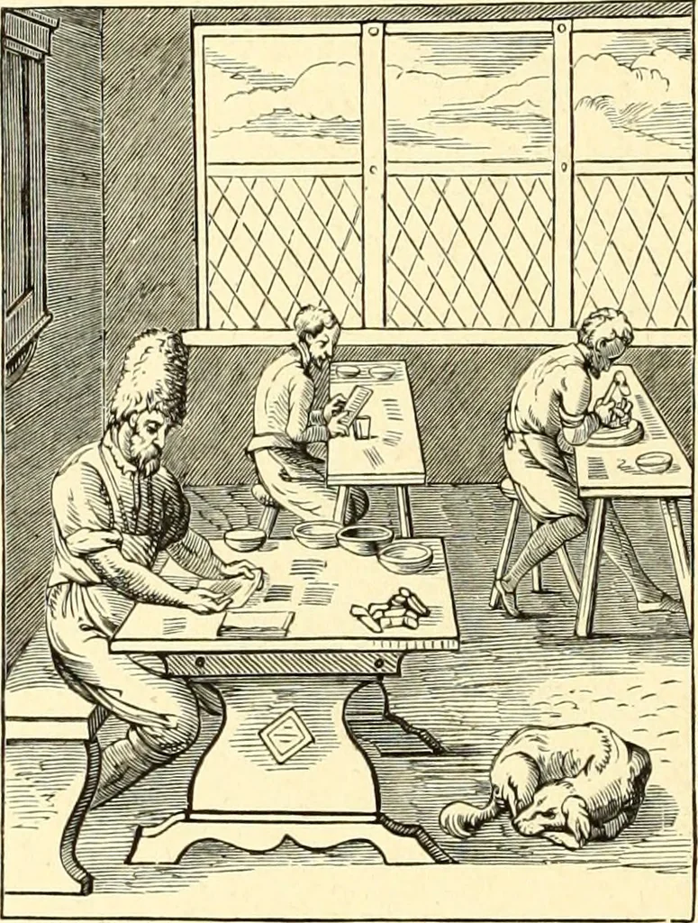 An illustration from Les arts et métiers au Moyen Age : étude illustrée d'après les ouvrages de Paul Lacroix sur le Moyen Age et la Renaissance, 1887, leaf 287
