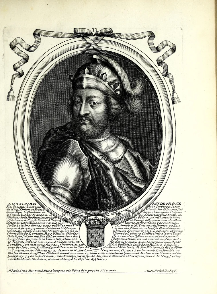 An illustration from Les augustes representations de tous les roys de France : depuis Pharamond jusqu'a Louys XIIII dit le Grand, a present regnant, 1679 : auec vn abregé historique sous chacun, contenant leurs naissances, inclinations, et actions plus remarquables pendant leurs regnes, 1679, leaf 73