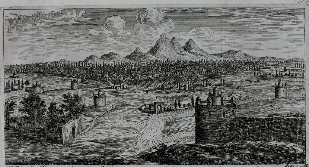 An illustration from Les beautez de la Perse; ou, La description de ce qu'il y a de plus curieux dans ce royaume, enrichie de la carte du païs, & de plusieurs estampes dessignées sur les lieux, 1673, leaf 42