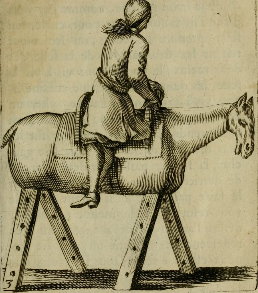 An illustration from L'escuyer françois : qui enseigne a monter a cheval et a voltiger par une methode toute particuliere, 1679, leaf 14
