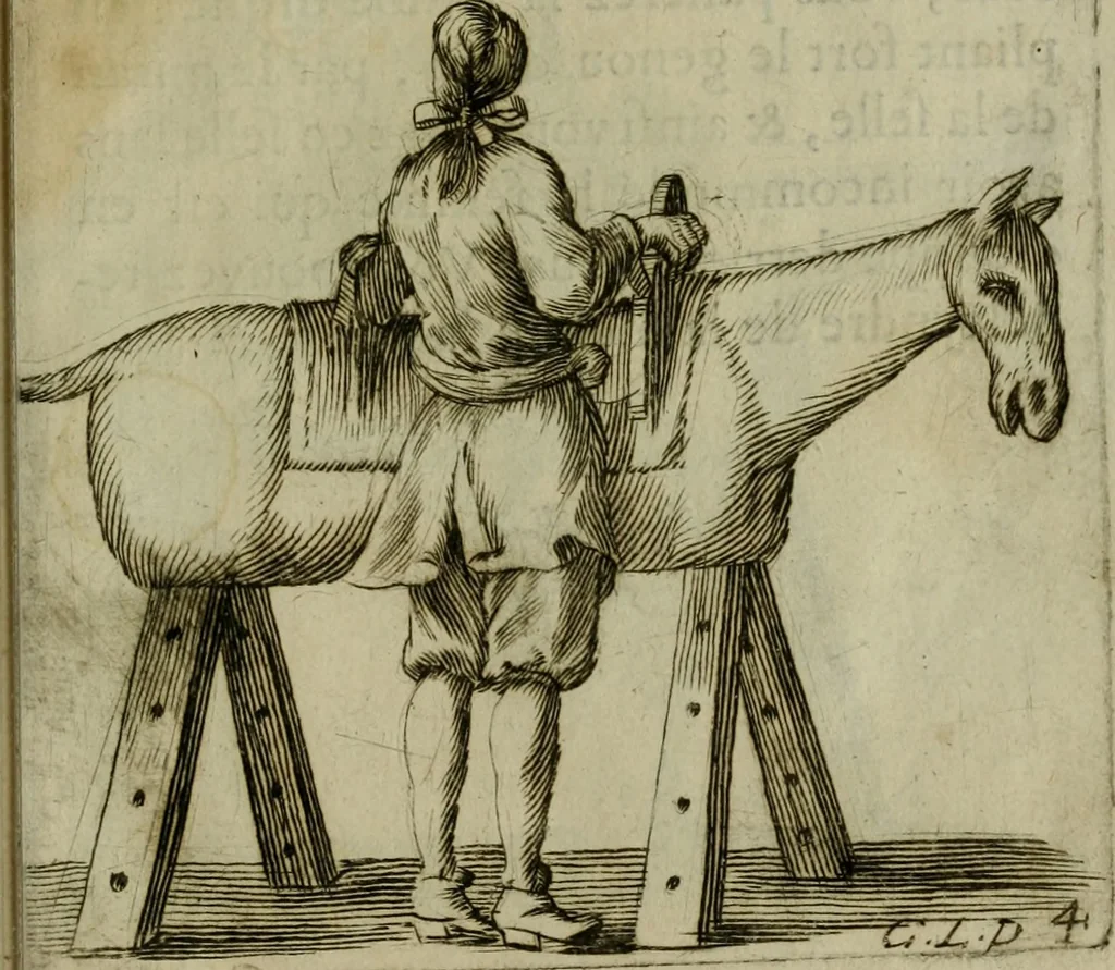 An illustration from L'escuyer françois : qui enseigne a monter a cheval et a voltiger par une methode toute particuliere, 1679, leaf 18