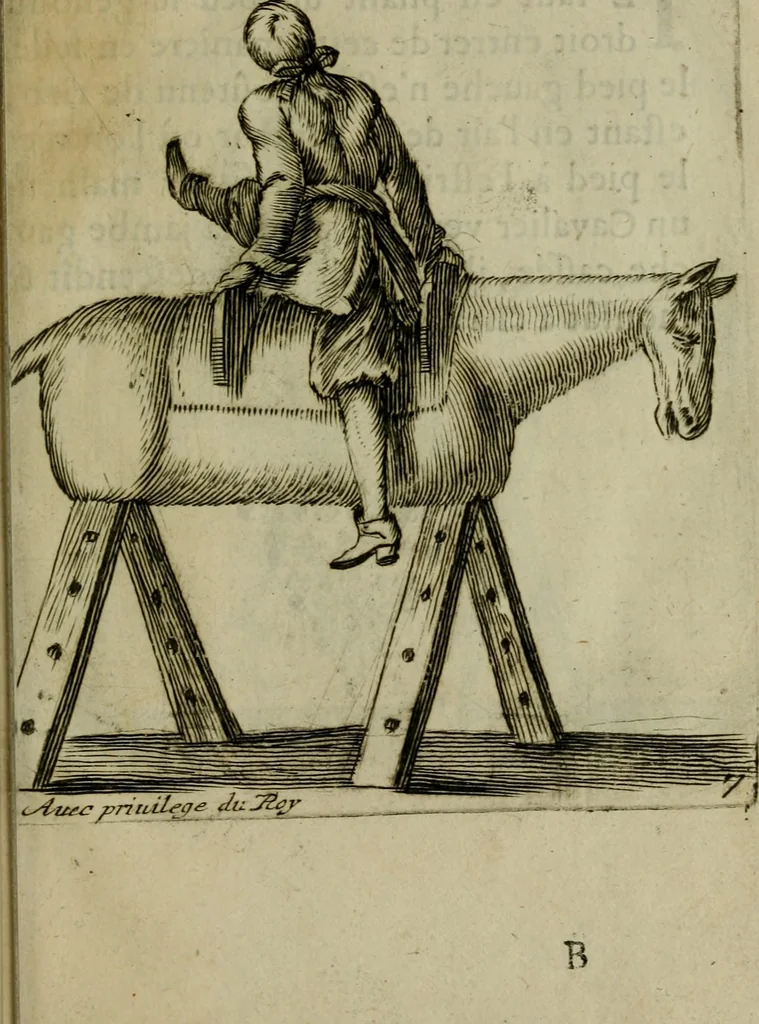 An illustration from L'escuyer françois : qui enseigne a monter a cheval et a voltiger par une methode toute particuliere, 1679, leaf 24