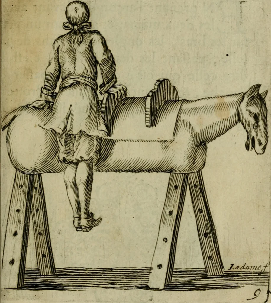 An illustration from L'escuyer françois : qui enseigne a monter a cheval et a voltiger par une methode toute particuliere, 1679, leaf 28