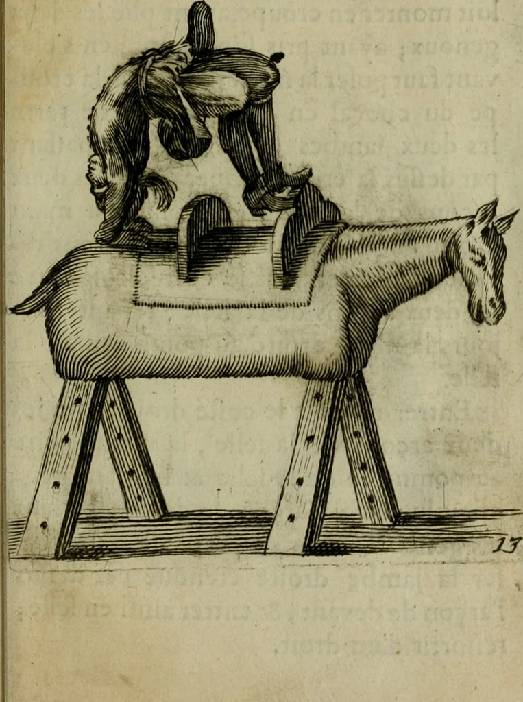 An illustration from L'escuyer françois : qui enseigne a monter a cheval et a voltiger par une methode toute particuliere, 1679, leaf 36