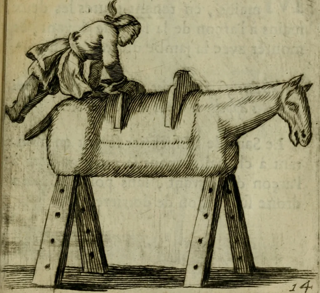 An illustration from L'escuyer françois : qui enseigne a monter a cheval et a voltiger par une methode toute particuliere, 1679, leaf 38