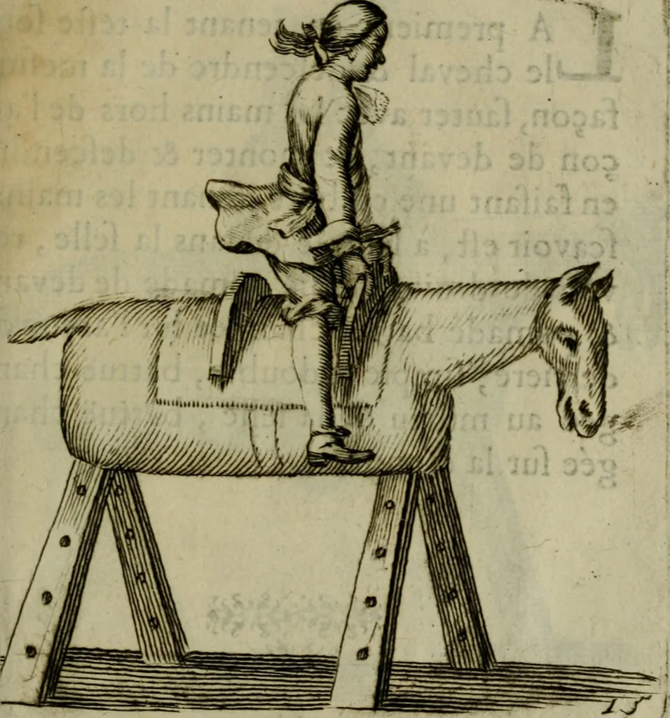 An illustration from L'escuyer françois : qui enseigne a monter a cheval et a voltiger par une methode toute particuliere, 1679, leaf 40