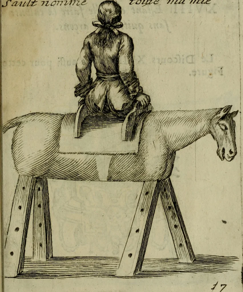 An illustration from L'escuyer françois : qui enseigne a monter a cheval et a voltiger par une methode toute particuliere, 1679, leaf 44