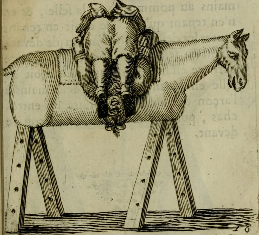 An illustration from L'escuyer françois : qui enseigne a monter a cheval et a voltiger par une methode toute particuliere, 1679, leaf 46