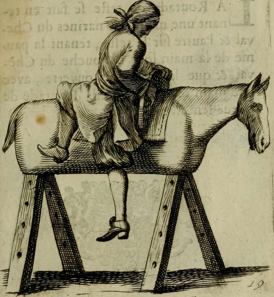An illustration from L'escuyer françois : qui enseigne a monter a cheval et a voltiger par une methode toute particuliere, 1679, leaf 48
