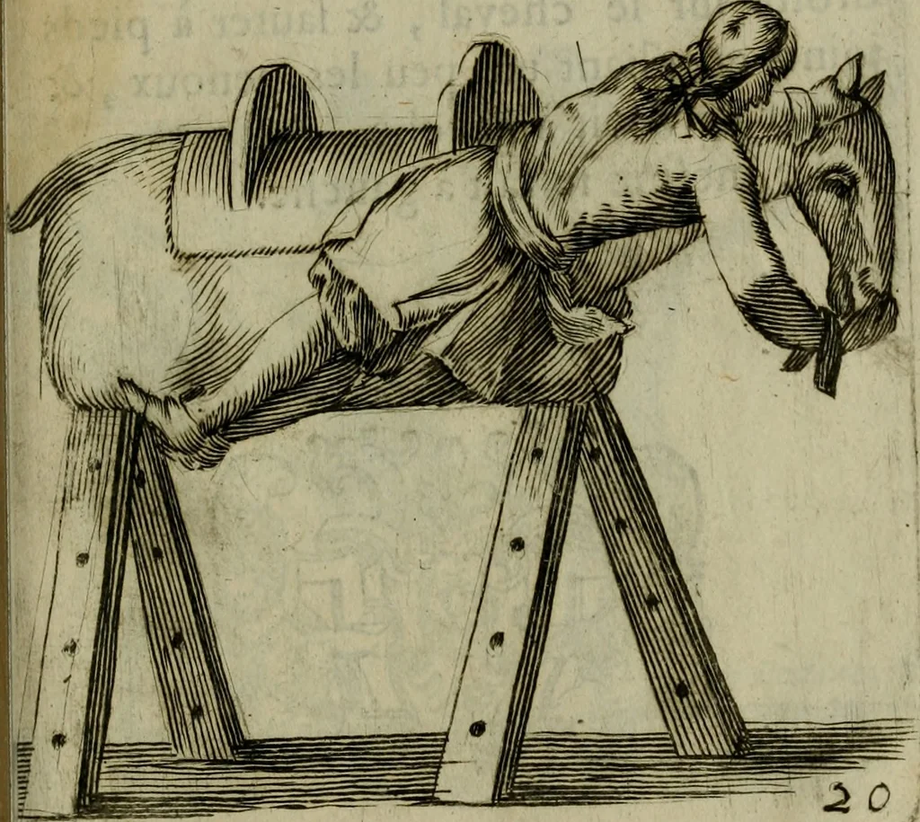 An illustration from L'escuyer françois : qui enseigne a monter a cheval et a voltiger par une methode toute particuliere, 1679, leaf 50